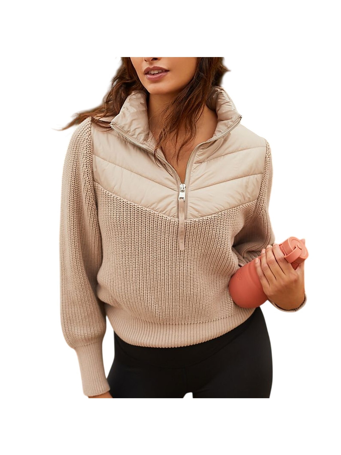 Varley Quilted Taupe Daines Half Zip Sweater Size M
